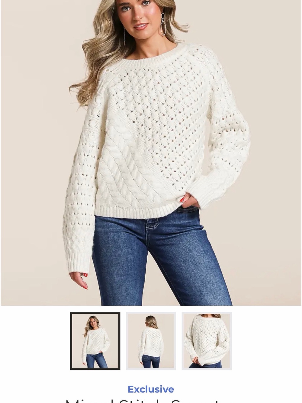 Buckle Open-Knit Cable Crewneck Sweater - Cream